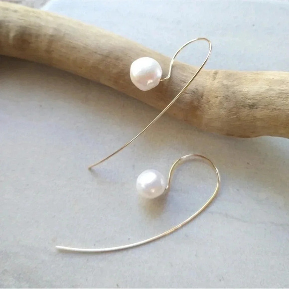 2 LEFT! Pearl Threader Earrings Gold Natural Baroque - Picture 12 of 13